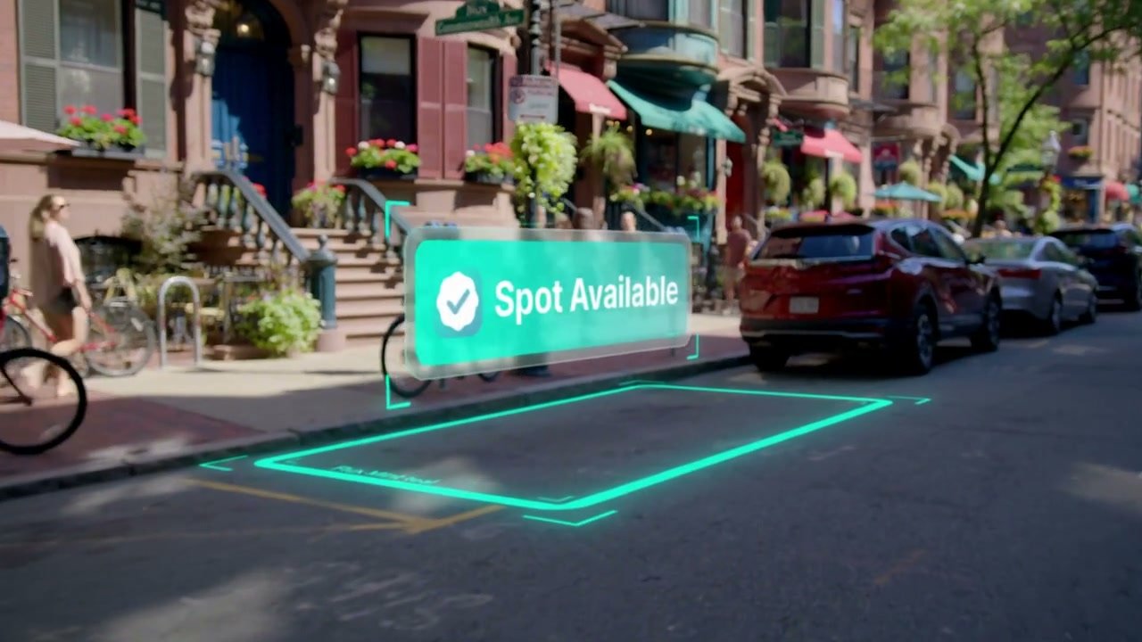 FluxSpot brand film showing a Boston street and a parking availability overlay